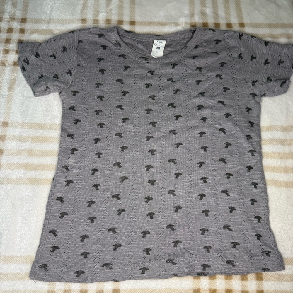 Kate Quinn Organic Cotton Pointelle Mushroom Print T-Shirt Grey Kids 5Y